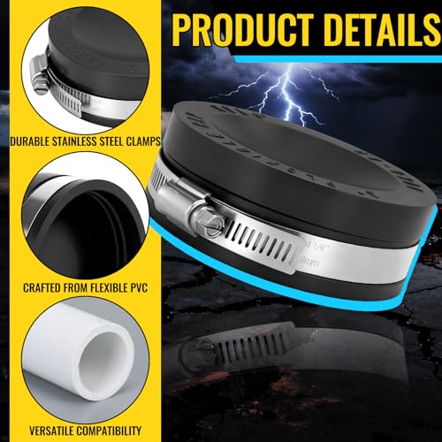 Image of 12 Pack 3 Inch Flexible PVC Pipe Cap with Stainless Steel Clamps - Black Durable End Caps for Drainage, Wastewater & Vent Pipes, Above /below Ground Use