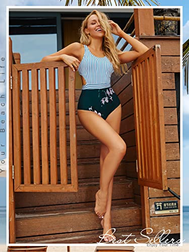 Molybell One Piece Swimsuits For Women High Waisted Bathing Suit Monokini Floral Print Cutout Racerback Zip Up (Green/White, Small) #TOP4