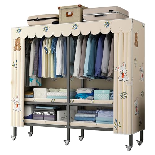 Storage Closet with Doors Cloth Wardrobe Cabinet for Bedroom, Portable All Steel Frame Closet with Cloth Cover, (with Wheels)