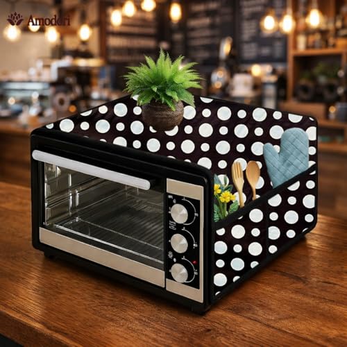 Image of Microwave Oven Top Cover 35x100 cm | Wipe Clean Fabric | 4 Utility Pockets (Polka-12)