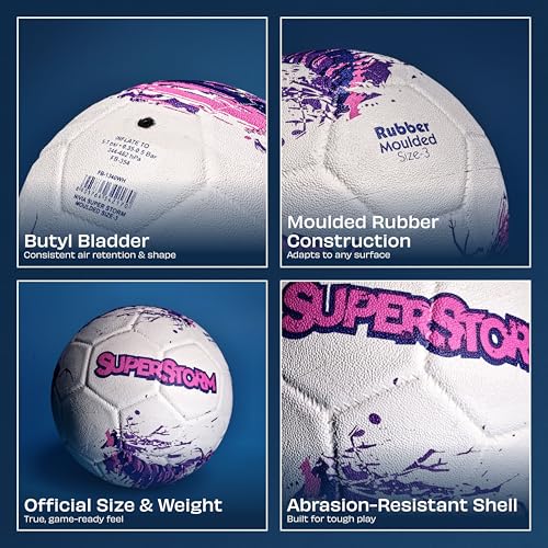 Image of Nivia Super Storm Football for Men, Training Ball, Durable Rubber Cover Molded, Butyl Threadwounded Bladder, to Play On Hard Ground and Artificial Turf (White, 3)