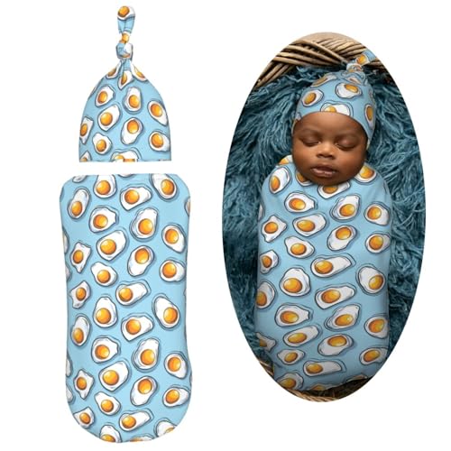 Image of Painting Fried Egg Newborn Swaddle Blankets Hat Sets Soft Baby Receiving Blanket Swaddle Sack for Baby Shower Infant Boy Girl Gift