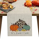 13 x 36 inches Table Runner Cotton-Polyester Blend, It's Fall Y'all Leopard Plaid Pumpkins Sunflower