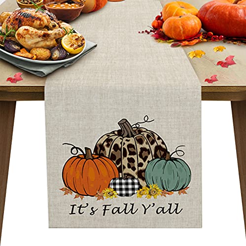 13 X 36 Inches Table Runner Cotton-Polyester Blend, It's Fall Y'all Leopard Plaid Pumpkins Sunflowers Table Runner For Table Decorations, Indoor Outdoor Parties, Farmhouse & Family Gathering, 1 Pack #TOP10