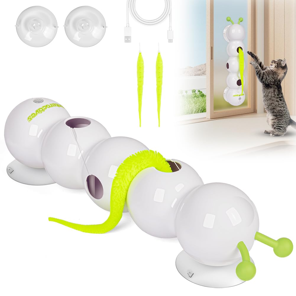 OSDUE Juguetes para Gatos, Juguete Interactivo Gato de Interior, Juegos de Caza para Gatos con Cola Peluda y Ventosa para Gato, Wusel Gusano Smart Motio, Pared y Ventana Juguete con Diseño de Gusano