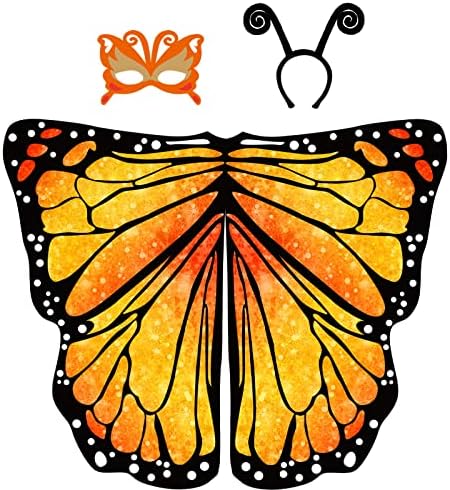 D.Q.Z Kids Fairy Butterfly Wings Shawl for Girls Child Butterfly Wings Cape & Mask Headband Rainbow Halloween Costume Party (Orange)
