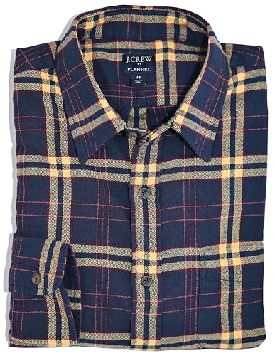 J.Crew Mercantile Men's Classic Fit Long-Sleeve Plaid Flannel Shirt (L, Navy Warm Honey)