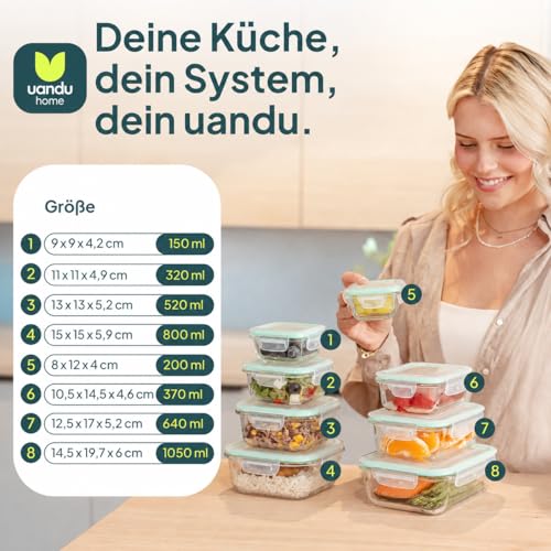 uandu Glasbehälter mit Deckel, 16- teilig, Borosilikatglas mit Deckel, Meal prep Gläser, Frischhaltedosen Glas mit Deckel, Glasdosen mit Deckel Set, Meal prep Boxen Glas (8 Behälter, 8 Deckel) 2