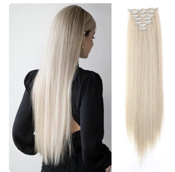 Clip In Human Hair Synthetic Full Head Hair Extension Highlights Streaks (Blonde Straight, Full Head)