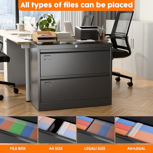METAN Metal Lateral Filing Cabinet with 2 Drawers for Home Office, Locking Steel Wide File Storage Cabinet for Hanging Legal/Letter A4 Size, Assembly Required, Black - Thumbnail 4