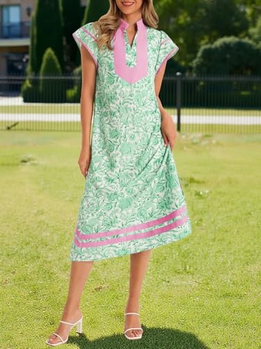 Image of Wenrine Womens Summer Floral Maxi Dress Casual Short Cap Sleeve V Neck Color Block Side Slit Loose Boho Beach Dresses