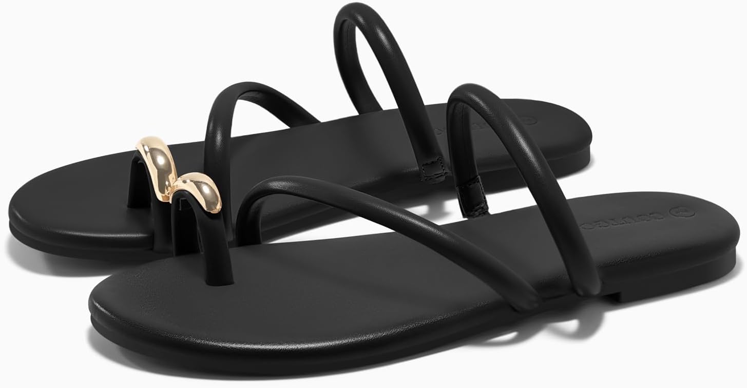 Coutgo Womens Strappy Flat Sandals Square Open Toe Flip Flops Slides Toe Ring Metal Summer Dress Shoes - Image 5