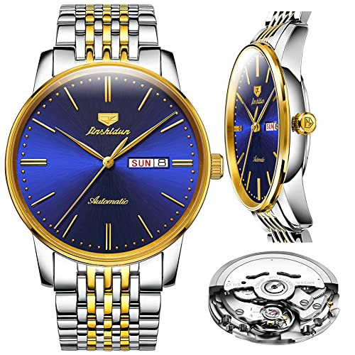 JSDUN Mens Mechanical Watch Minimalism Automatic Self-Winding Watches for Men Stainless Steel Sapphire Blue Big Face Dress Wristwatch Waterproof with Day Date Calendar Classic Gifts Two Tone Gold