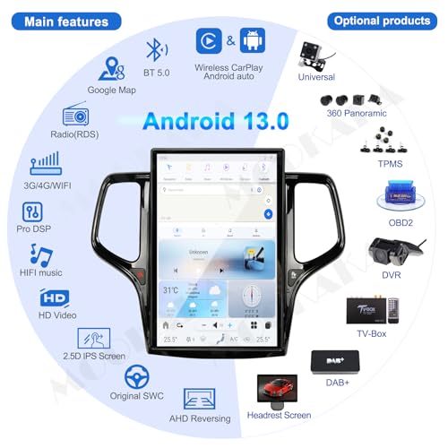 MOOKAKA Qualcomm Rádio automotivo Android para Jeep Grand Cherokee 2014-2019 unidade de substituição