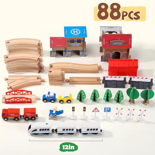 Electric Toddler Wooden Train Set Toy, 88 PCS Train Track Toys for 3 4 5 Years Old Kids, Great Gift for Kids, Boys and Girls by HOLYFUN - Image 7