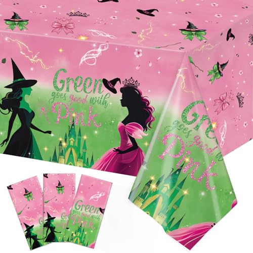 Practice Star 3 Pack Pink and Green Tablecloth Witch Disposable Table Cover for Pink and Green Party Decorations 70.8 x 42.5 Inches