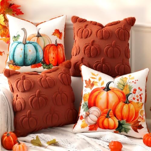 TOYPOPOR Fall Decorations, 2 Packs Double Sided Throw Pillow Covers, Rust Red Soft Faux Fur Pumpkin Pillow Cases Autumn Harvest Thanksgiving Indoor Outdoor Home Decor for Living Room Porch Couch 16x16