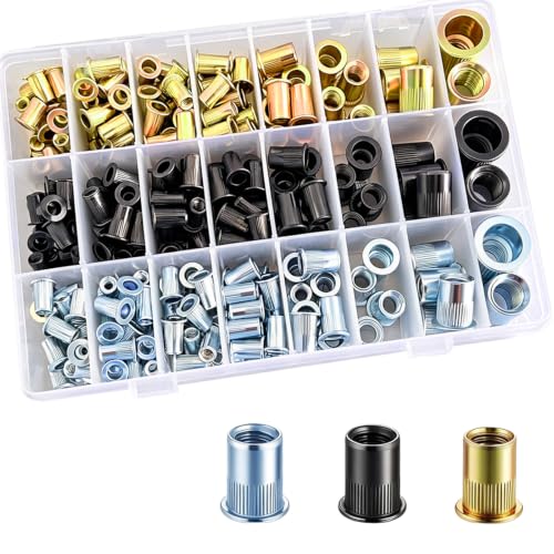 Wensilon Rivet nut Assortment kit Metric (336PCS) Black zinc Yellow Galvanized Finish Flat Head Rivet nut kit Thread Insertion nut Roller Body (M3 M4 M5 M6 M8 M10 M12)