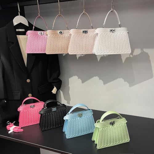 Handmade Woven PVC Square Handbag for Women, Top Handle Fashion Crossbody Clutch Tote, Large Travel Beach Shoulder Hobo Bag3