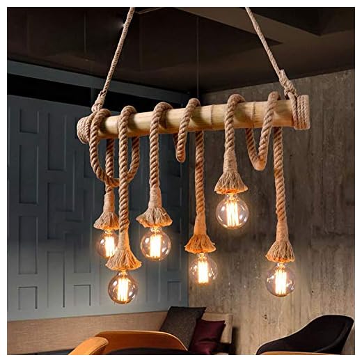 LITFAD Vintage Chandelier Edison Pendant Lamp Bare Bulb Island-Light Asian Rope and Bamboo 6 Lights Ceiling Pendant Light for Kitchen Island Restaurant Bar