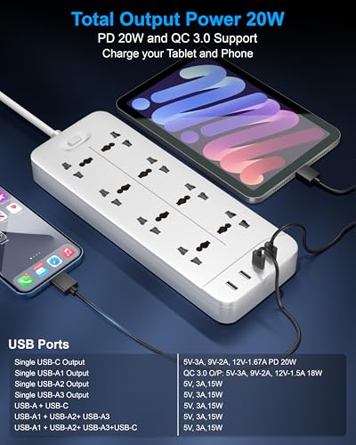 Image of FEDUS Surge Protector, 8 Universal Sockets with USB Port Type A & C, 5 Meter 16 Feet Long Cable, Extension Board Cord, Automatic Overload Protection, Fireproof Power Strip Switch Board, Spike Guard