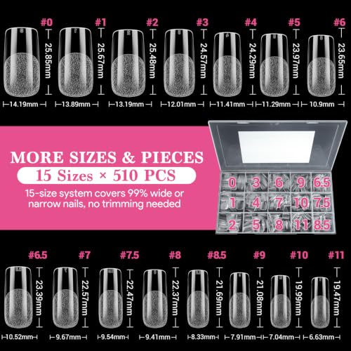 Image of Medium Square Nail Tips 510 Pcs Clear Half Matte 15 Sizes | Clear full cover square tips with pre-shaped half matte surface for DIY nail extensions and salon manicures.