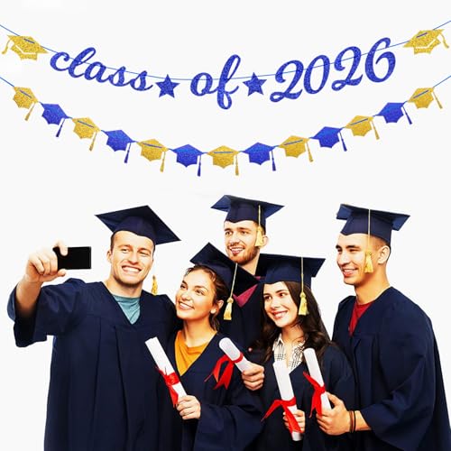 Image of Navy-Blue White Gold Graduation Party-Decorations Garland - 31pcs Congrats Grad Class 2026 Banner,Hat Hanging Streamers,College High School Congratulations Masters Classroom Backdrop Decor Burgleda