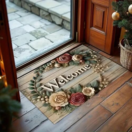 Image of Floral Welcome Doormat for Home Entrance - Non-Slip, Waterproof, and Easy-Clean Floor Mat - Indoor Outdoor Decorative Rug for Front Door, Porch, Patio, Kitchen & Living Room
