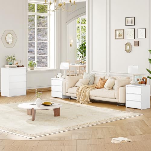 Image of FOTOSOK Nightstands Set of 2 with 3 Drawers, White Nightstand Bedside Table Set of 2 for Bedroom, 17.7W*15D*21.7H Bedroom Night Stands with Cut-Out Handle, Sofa Side End Table for Home Office