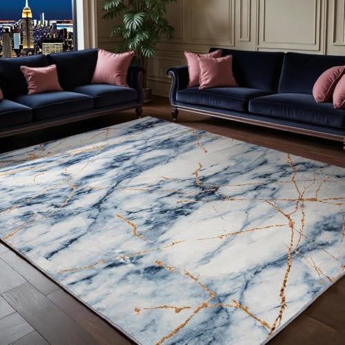 Tapis bleu abstrait lavable et antidérapant pour grand salon chic 150x210 - 2