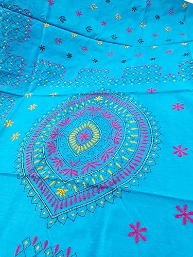 Image of SHRISTI CLOTHINGS Women's Hand Embroidered Cotton Silk Kantha Stitch Saree with Blouse Piece (SB420324 SKYBLUE)