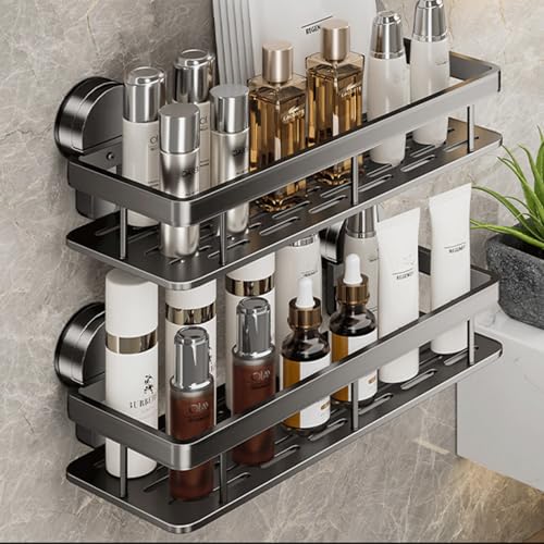 Vixplorn 浴室 ラック 2段式 強力吸盤 お風呂 棚 壁掛け 防水 防錆 シャンプーラック 省スペース 水切り 穴あけ不要 簡単に設置 洗面所 キッチン収納用 アルミニウム製 ブラック