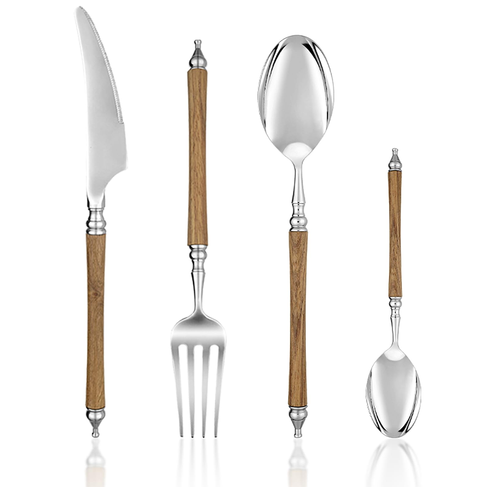 64 Piece Silverware Set Service for 16 Wooden Handle Cutlery Utensil Set Mirror Polished Home Kitchen Eating Tableware