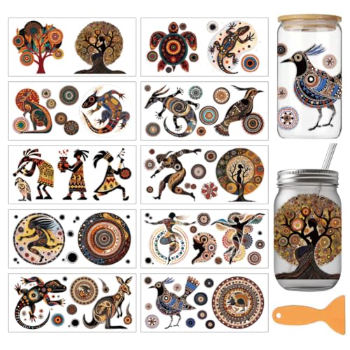 arricraft 10 Sheets Aboriginal Art UV DTF Cup Wrap for 16OZ Glass, Kangaroos Turtles Birds Tree Tribe Patterns Rub on Decals PVC Transfer Stickers for DIY Cups Wood Funiture 24x11cm/9.4x4.3inch