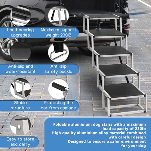 Dog-Stairs-for-Large-Dogs-5-Step-Foldable-Dog-Ramp-for-Car-Non-Slip-Surface-Support-up-to-230lbs-Suitable-for-SUVTruck-Sofas-Bed Dog Stairs for Large Dogs 5 Step Foldable Dog Ramp for Car Non Slip Surface Support up to 230lbs Suitable for SUVTruck Sofas Bed