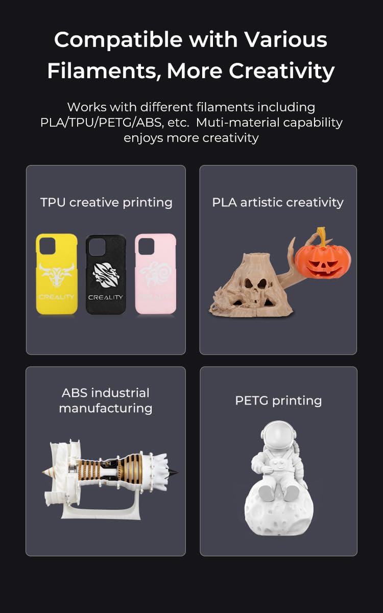 Examples of prints made with various filament types