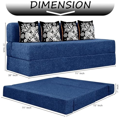 Image of Rosebell Three Seater Sofa Cum Bed | Jute Fabric Washable Cover | with Cushion Perfect for Guest | Blue-Color | 6' X 6' Feet