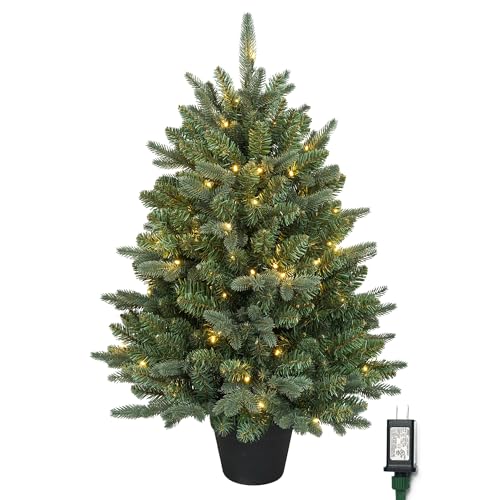 HomeKaren 3Ft Pre-Lit Artificial Christmas Tree Tabletop with 100 Warm Lights AC-Powered, Greenery...