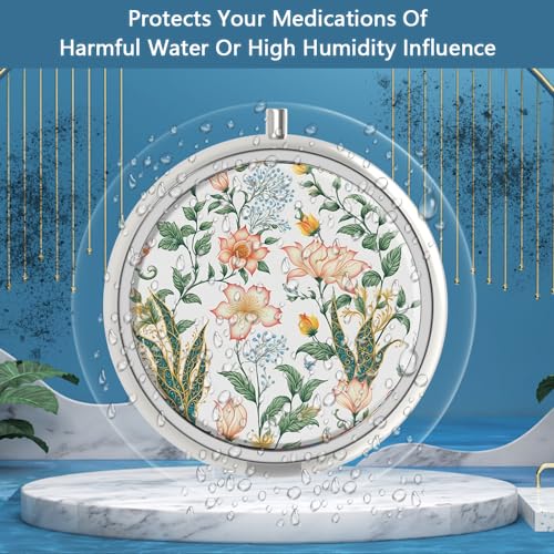 Image of Pill Box 3 Compartment Medicine Pill Case,Portable for Pocket or Purse Pill Box Decorative Metal Medicine Vitamin Organizer Unique Gift(Floral Flower)