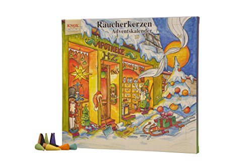Knox Räucherkerzen Adventskalender – Motiv: Apotheke Hermann Zwetz - mit 24 himmlischen Räucherkegeln in Größe M – Querformat Maße: 26x24 cm – für Räucherfiguren ab 13 cm - Made in Germany
