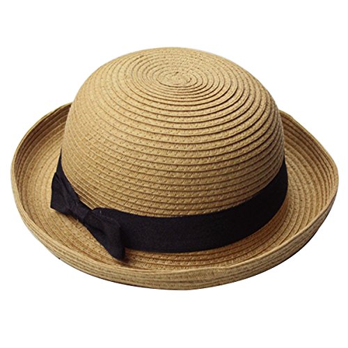 OULII Fashion Women's Girls Bowknot Roll-up Wide Brim Dome Straw Summer Sun Hat Bowler Beach Cap (Light Coffee)