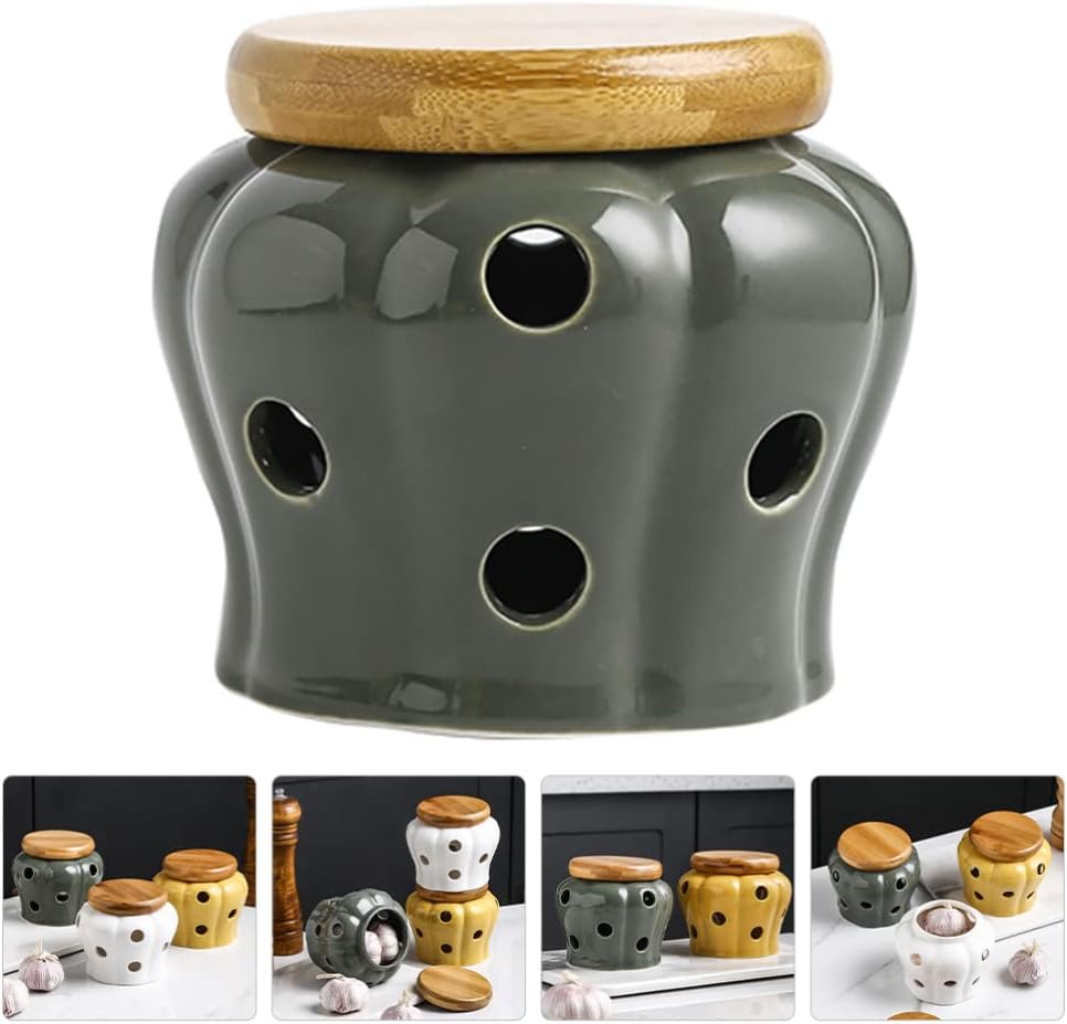 Garlic Keeper for Counter Ventilated Garlic Container Pumpkin Shaped Garlic Jar Garlic Cellar Ceramic Garlic Storage Container with Lid for Home Kitchen Yellow(Green)