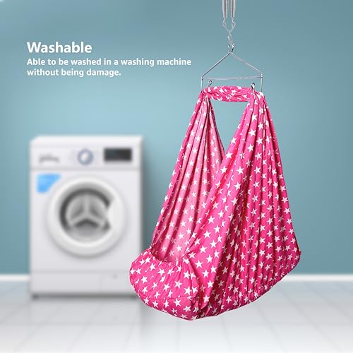 Image of beetot 4 in 1 Baby Cradle Set Swing /Jhula (Thottil Cloth, Palna, Dolna) | Hanging Cradle with Removable Bed, Mosquito Net, Spring, Triangle Hanger | Up to 15 kg | 0-2 Years | PRE-DRK Pink-Star Print