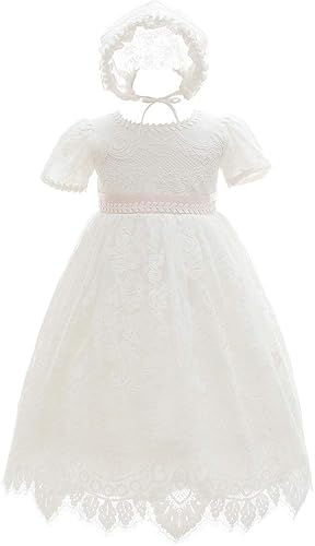 Silver Mermaid Vestido de bautizo de encaje de manga corta para bebé niña, vestido de novia y gorro