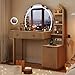 iPormis Makeup Vanity Desk with Round Mirror and Lights, Glass Top Vanity Table w/5x Magnifying Makeup Mirror, Dressing Table w/Power Outlets, Doorshelves & Adjustable Storage, Natural