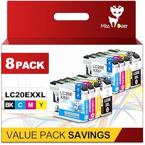Miss Deer LC20E XXL Ink Cartridge Ultra-high Capacity Compatible Replacement for LC20EBK LC20EM LC20EC LC20EY Brother LC20E Ink for Brother MFC-J985DW J5920DW J775DW J985DWXL Printer (2BK/2C/2M/2Y) Cover