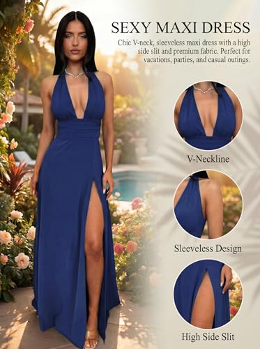 Image of Ekaliy Womens Sexy Halter Deep V Neck Maxi Dress Sleeveless Backless Split Long Dress