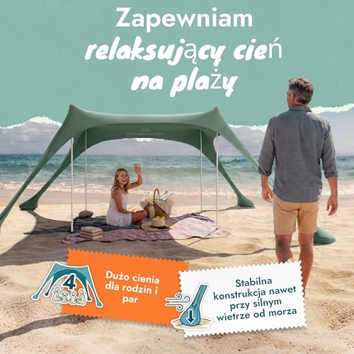 MOMEVO® Namiot plażowy Sunsail – żagiel przeciwsłoneczny na plażę z ochroną UV UPF50+, odporny na wiatr i lekki, nowej generacji parawan plażowy (4 drążki, Oliwkowy)