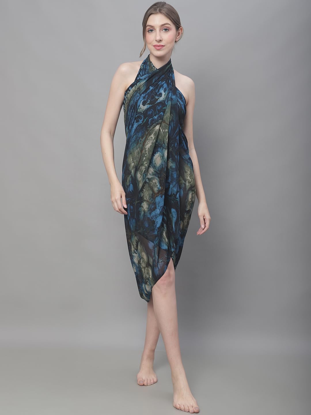 Claura Navy Blue & Yellow Abstract Printed Swimwear Sarong 3