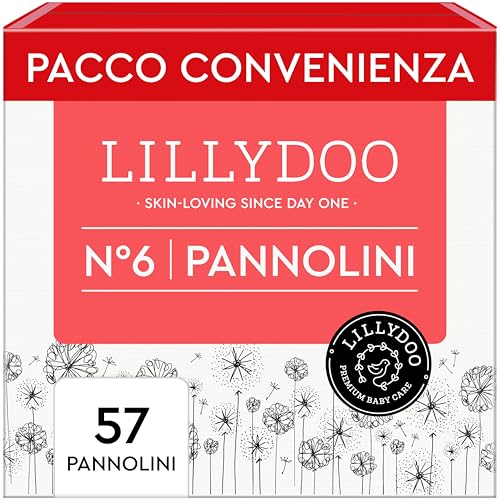 Pannolini LILLYDOO delicati sulla pelle - taglia 6 (13+ kg), pacco scorta (57 unità), protezione contro le fuoriuscite, morbidi, senza profumi & lozioni e dermatologicamente testati